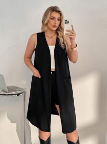 Auralis Plus Pocket Patched Open Front Vest Coat Summer Spring - Black - View 3