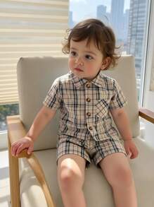 Souflis Souflis Baby Boy Vintage Brown-Black Plaid Short Sleeve Shirt And Shorts Set, Retro Minimalist Style, Suitable For And Summer