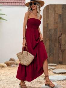 Breezaya 女士纯色荷叶边下摆抹胸长裙度假海滩装 - 酒紅色 - 查看 6