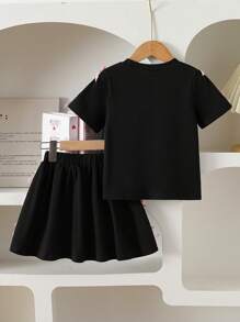 2pcs/Set Young Girl Black Comfortable Round Neck Cute Bow Decor Printed Short Sleeve T-Shirt & Elastic Waist Short Skirt Set