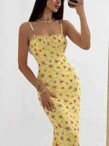 Aloruh 优雅浪漫小黄碎花性感沙滩风修身低胸长款吊带连衣裙 - 黃色 - 查看 7