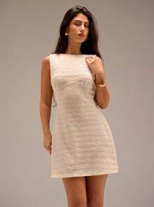 SHEIN Forever 21 New Summer Sleeveless Boat Neck Fitted Waist A-Line Mini Casual Dress Business Casual Woman - Apricot - View 3