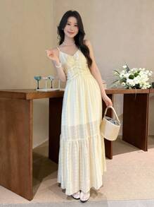 SHEIN LUNE Women's Ruffle Cami Waisted Maxi Casual Dress - Butter Yellow - View 5