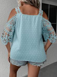 SHEIN Clasi Áo cánh ren trễ vai thanh lịch màu trơn cho nữ cỡ lớn - Màu xanh Bạc hà - Xem 2