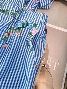 GlowEve CURVE 两件套：优雅通勤休闲可爱女士时尚条纹印花衬衫，纽扣领，七分袖，搭配松紧腰短裤，蓝白相间，大码，春夏秋三季 - 藍白色 - 查看 9