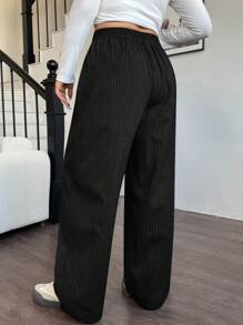 SHEIN EZwear 大码女式黑色字母印花宽松休闲阔腿裤 - 黑色 - 查看 2