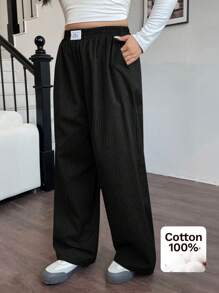 SHEIN EZwear 大码女式黑色字母印花宽松休闲阔腿裤 - 黑色 - 查看 5
