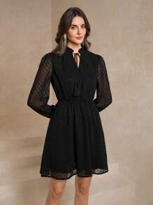 Amorya Swiss Dot Tie Neck Frill Trim Dress Black Dress Dress For Wedding Guest - Black - View 6