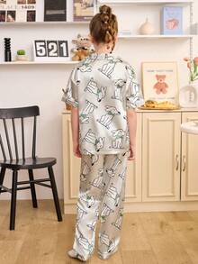 Bộ đồ ngủ trẻ em bằng vải satin in hình chú chó con hoạt hình - Màu Xám nhạt - Xem 2