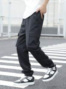 PantsHub Casual Teen Boys' Black Elastic Cuff Cargo Pants, Streetwear Punk Rock Athletic Trousers For Everyday, Party, Music Festival, Suitable For Spring/Summer - Black - View 4