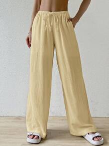 SHEIN EZwear 时尚休闲杏色女式宽松打结裤 - 杏色 - 查看 6