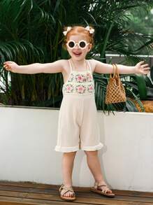 Young Girls Crochet Floral Trim Ruffle Strap Textured Jumpsuit, Pink - Apricot - View 3