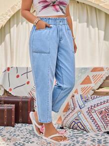 EMERY ROSE Plus Size Women's Pocketed Tapered Fashion Washed Cropped Pants - Light Wash - View 3