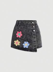 SHEIN Girlism Teen Girl Spring Summer Boho Floral Print Button Front Denim Skort, Summer Clothes Concert - Black - View 1