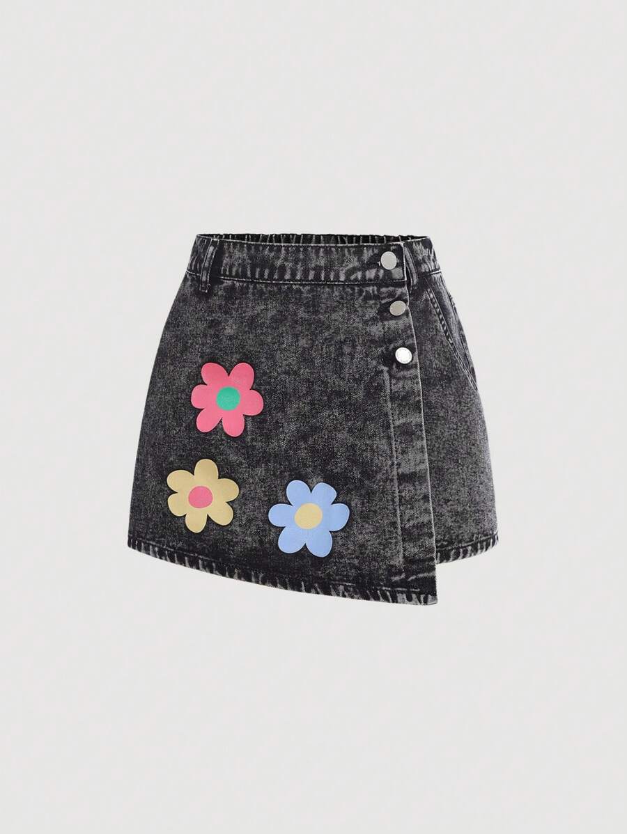 SHEIN Girlism Teen Girl Spring Summer Boho Floral Print Button Front Denim Skort, Summer Clothes Concert - Black - View 1