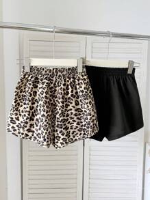 SHEIN Quần short mặc thường ngày rộng rãi màu đen trơn và họa tiết da báo cho bé gái tuổi teen, 2 chiếc/bộ, dành cho mùa hè - Nhiều màu - Xem 2
