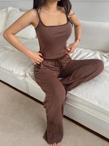 DAZY Striped Slim Fit Cami Top And Pajama Pants Loungewear Set - Coffee Brown - View 4