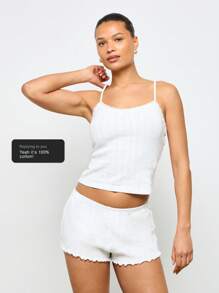 AiiRZ Pointelle Knit Ribbed Cami Top And Ruffle Hem Shorts Pajama Set Loungewear Sleep Set Summer Sleepwear Spring Nightwear Set - White - View 7