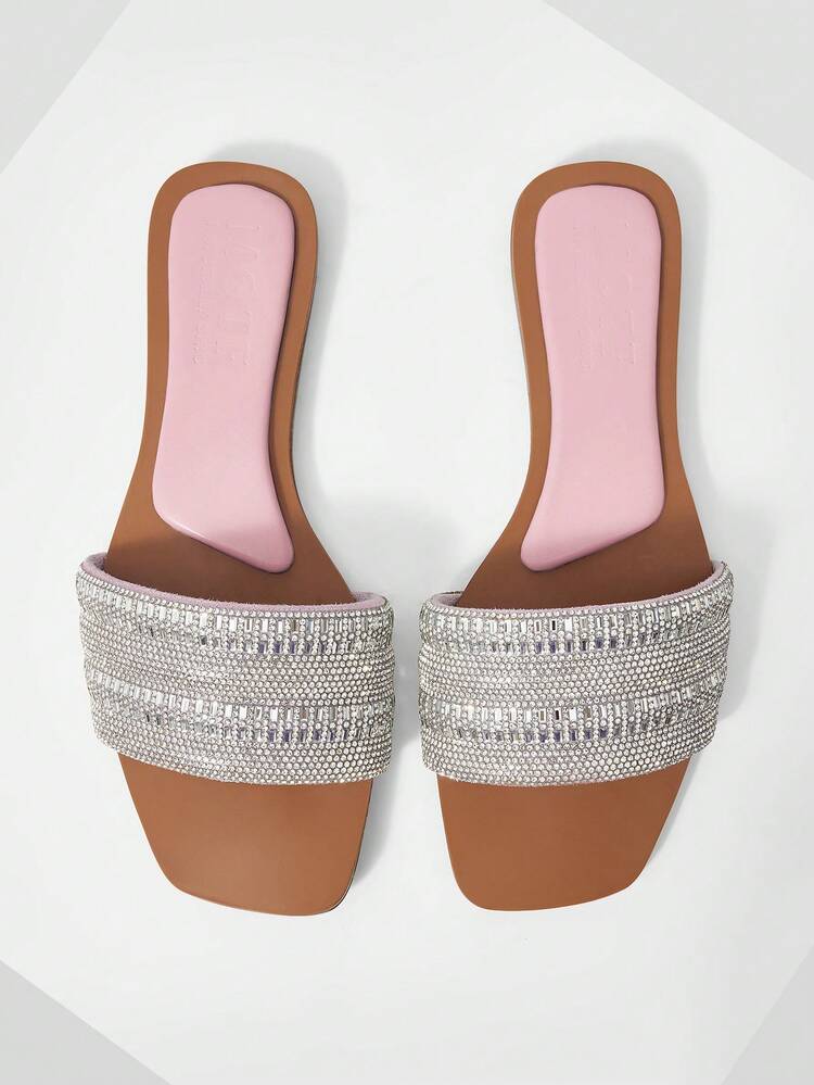 RHINESTONE DECOR SQUARE TOE FLAT SANDALS SPRING SHOES