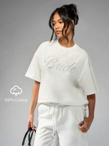 MISSGUIDED Camiseta oversize de novia con diseño de strass brillante, regalo para el partido de la boda, equipo nupcial, ocasión especial, declaración de comodidad casual