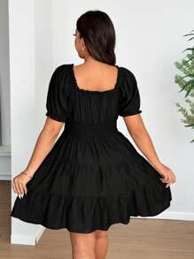 Vionelle Plus Size Woven Elegant V-Neck Puff Sleeve Ruffle Midi Dress - Black - View 7