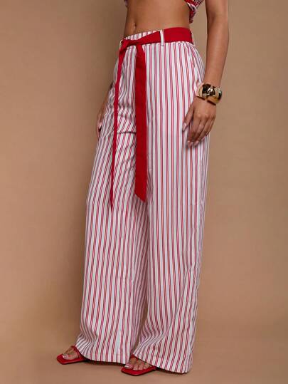 COSMINA Women's Striped Print Pocketed Drawstring Waist Loose Wide-Leg Casual Pants