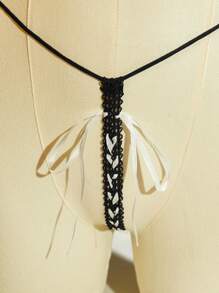 曲线性感开裆花卉蕾丝蝴蝶结超性感女士加大码内衣，黑白相间，狂野不羁