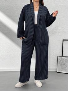 Firerie Plus Size Women's Striped Wrap-Around Elegant Casual Kimono Suit Set, Gray System, Office Stylish Commuter 2 Pieces Suit Set For Women, Multiple Piece Graduation,Back To School,Teacher Outfits For Women,Fall Clothes For Women Autumn - Navy Blue - View 6