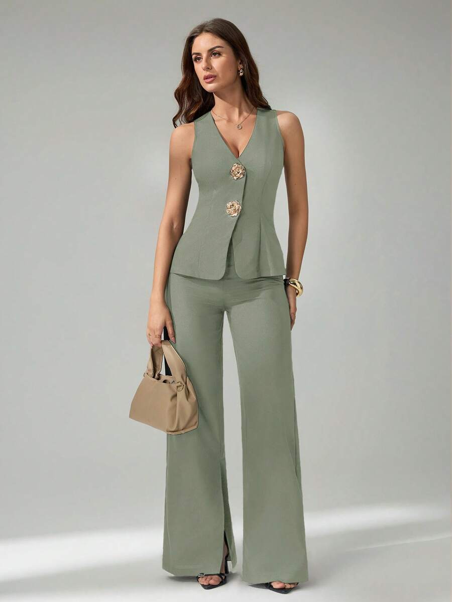 SHEIN Tall 2件套女士无袖开衫背心和休闲裤套装 - 薄荷綠 - 查看 1