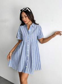SHEIN PETITE Striped Short Sleeve Summer Dress, Fashionable - Blue and White - View 5