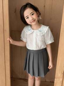 DAZY Young Girl Summer Striped Ruffled Collar Short Sleeve Shirt With Pleated Skirt Set - Grey - View 5