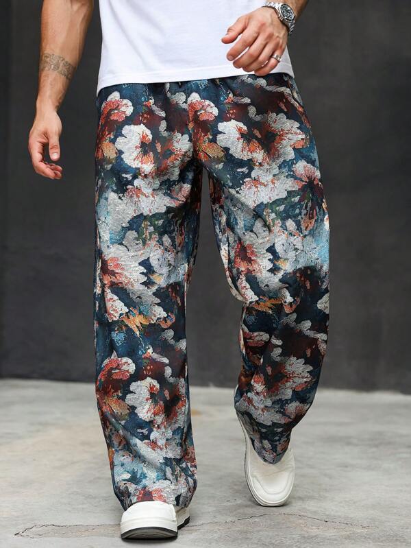 Manfinity Homme Pantalones informales de pierna ancha con estampado floral para hombres de talla grande