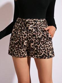 Lavishia Leopard Print Slant Pocket Shorts Fall Women Outfits With Pockets - Khaki - View 4