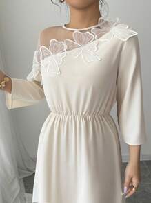 Chiquease Đầm ren dài chắp vá thắt eo cho nữ - Màu be - Xem 5