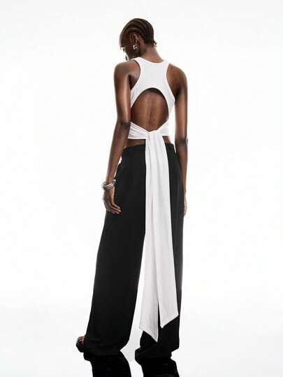 LYSMO 2025春夏新款高端时尚纯色裹身长系带无袖圆领露背吊带背心。融合Y2K美学、性感女孩风格和简约魅力，完美打造休闲时尚造型。