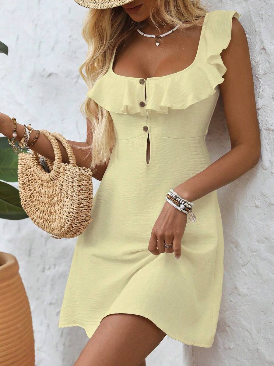 EMERY ROSE Women's Simple Solid Color Square Neck Ruffle Trim Summer Dress