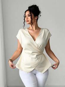 Elenzga Áo thun cổ chữ V xếp ly satin bóng thanh lịch cho nữ cỡ lớn, vừa vặn dự tiệc/làm việc - Vàng - Xem 5