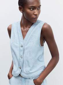 Maija Áo vest denim không tay thêu nút hàng ngày cho nữ - Rửa nhẹ - Xem 3