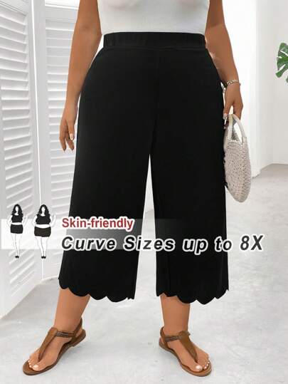 SHEIN CURVE+ Plus High Waist Scallop Wide Leg Pantssummer/Country/Beach Vacation Outfits/Beach Outfits/Beach Wear