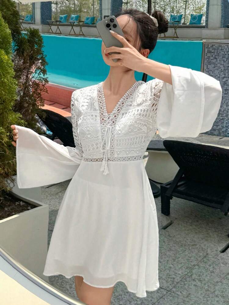 Women's Beach Cover Up With Tie Waist & Patchwork, Spring/Summer Vacation Carnival Boho