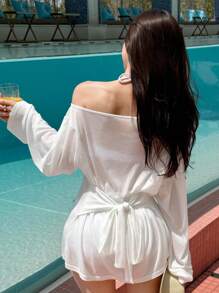 DAZY 女士纯色不对称领长袖休闲薄纱度假罩衫 - 白色 - 查看 2