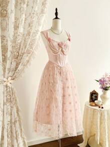 Vintamour 优雅复古女式修身提花花卉连衣裙，带荷叶边下摆，仿珍珠链装饰，粉色婚礼宾客礼服女士夏季连衣裙