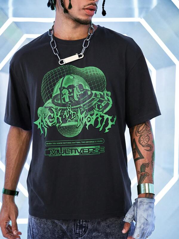 Rick and Morty X SHEIN Men's Y2K Casual Summer Spaceship & Letter Graphic Round Neck Short Sleeve T-Shirt