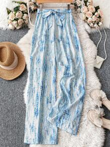 SHEIN PETITE 女士印花宽腿宽松休闲裤，适合度假和日常穿着 - 淺藍色 - 查看 1