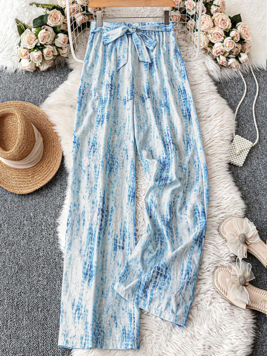 SHEIN PETITE 女士印花宽腿宽松休闲裤，适合度假和日常穿着 - 淺藍色 - 查看 1