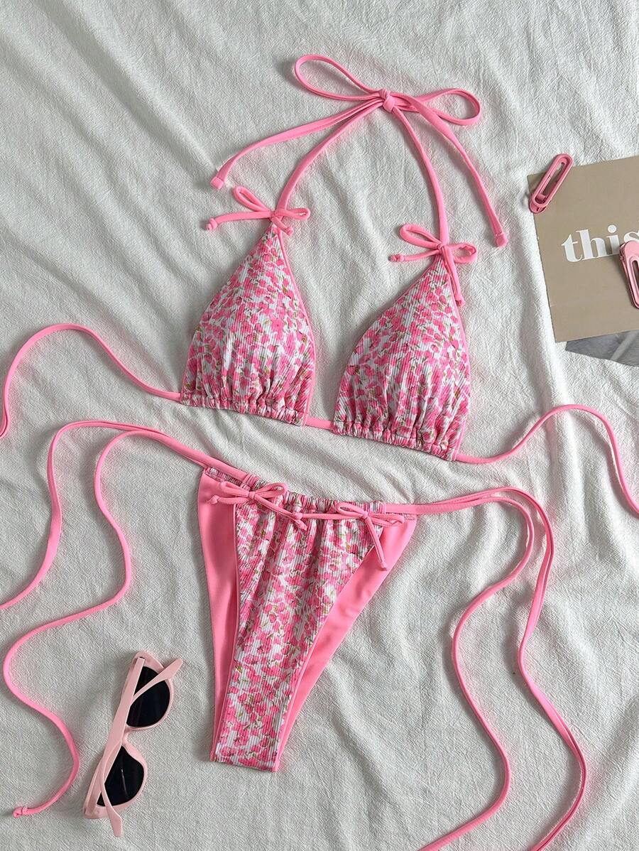 SHEIN Conjunto de 2 piezas para mujer con parte superior de triángulo con estampado floral aleatorio y Bottom de bikini, ideal para verano, playa y vacaciones