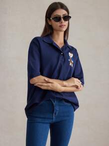 Briarwyn Women's Casual Solid Color Knit Polo Collar Loose Short Sleeve T-Shirt,Fall Clothes,Homecoming,Old Money Style Women,Winter Clothes Women - Navy Blue - View 5