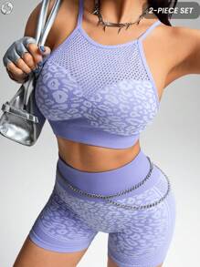 Innovista Leopard Print Seamless Gym Set Sport High Support Wild Animal Pattern Quick Dry Athleisure Yoga Pilates HIIT Training Office To Gym Leggings Running Sportswear Fall Clothing Printed Bra T-Shirt Crop Top With UV Protection Leggings Functional, Mesh Breathable, Tummy Control Compression Cardio Running Outdoor Sports Health, Women Athletic Set - Mauve Purple - View 1