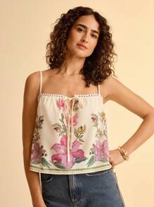 CAJUNI Bohemian Floral Print Vacation Casual Tie Strap Ruffle Trim Women Camisole