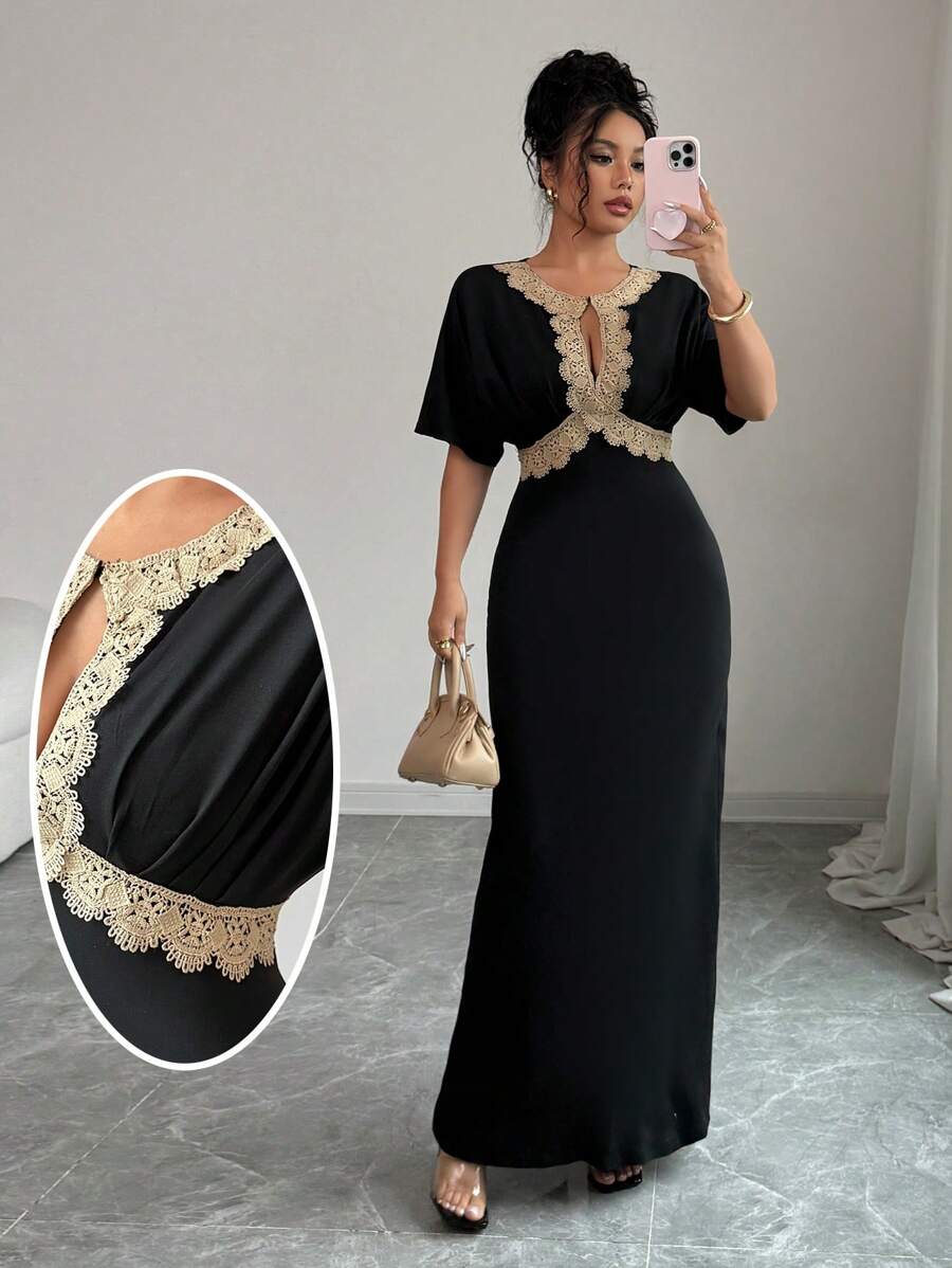 Chiquease 女士优雅修身蕾丝边镂空连衣裙 - 黑色 - 查看 1